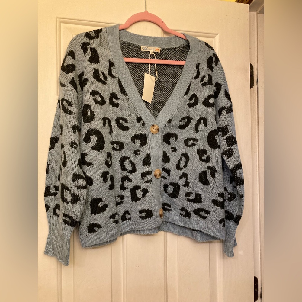 C&C California Blue and Black Leopard Cardigan,size medium, new with tags